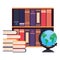 Stacked books bookshelf and globe