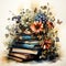 Stacked Books Surrounded by Gothic Flowers and Butterflies AI Generated