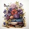 Stacked Books Surrounded by Gothic Flowers and Butterflies AI Generated