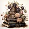 Stacked Books Surrounded by Gothic Flowers and a Victorian Style Cake AI Generated