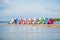 Stacked catamarans on the lake. Bright colorful pedal boats at the lake beach