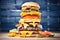 stacked cheeseburgers, various cheeses, close-up shot