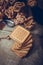 Stacked chip cookies on brown napkin. Symbolic image. Stack of biscuits concept for a tasty snack. Sweet dessert