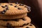 Stacked chocolate oat cookies Close up. Tasty snack and Sweet dessert