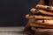 Stacked chocolate oat cookies Close up. Tasty snack and Sweet dessert