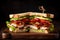 Stacked club sandwich with layers of grilled chicken, crispy bacon, avocado, lettuce, and tomato on a wooden board