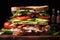 Stacked club sandwich with layers of grilled chicken, crispy bacon, avocado, lettuce, and tomato on a wooden board