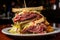 Stacked club sandwich with layers of pastrami, corned beef, Swiss cheese, coleslaw, and Russian dressing on rye bread