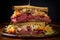Stacked club sandwich with layers of pastrami, corned beef, Swiss cheese, coleslaw, and Russian dressing on rye bread