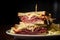 Stacked club sandwich with layers of pastrami, corned beef, Swiss cheese, coleslaw, and Russian dressing on rye bread