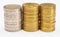 Stacked coins - side view of columns of euro coins