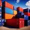 Stacked colorful metal cargo containers used for transportation and storage in shipping logistics industry