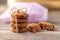 Stacked cookies use a rope tied on a wooden table