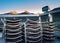 Stacked flat lounge crusie ship deck, morning, sunlight on mountains, Alaska.