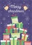 Stacked gift boxes bells snowflakes merry christmas card