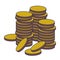 Stacked golden coins icon cartoon blue lines