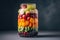 stacked jar filled with colorful variety of fresh fruits and vegetables