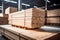 Stacked lumber on warehouse shelf, available for construction purchase. Wood planks stored indoors, suitable for