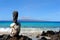 Stacked rocks on Little Beach, Maui looking at the island of Lanai, Hawaii.