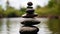 Stacked stone cairn symbolizes harmony and tranquility generated by AI