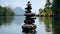 Stacked stone cairn symbolizes harmony and tranquility generated by AI