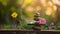 Stacked stones among flowers symbolize harmony. Suitable for wellness and meditation. AI Generated - a concept of balance