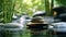 Stacked stones on water surface against bamboo stems and green leaves, closeup. Space for text. Generative AI