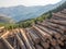 Stacked timber logs with background of mountains and forest