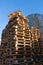 Stacked up colorful wooden cargo pallets