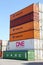 Stacked variegated shipping containers