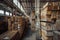 Stacked wooden beams in the warehouse