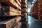 Stacked wooden beams in the warehouse