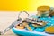 Stacking coins and bunch of key on calculator over wooden desk background