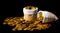 Stacking gold coin in treasure sack lot of at black background