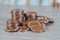 Stacking money coins on wood background, the saving with growing up
