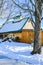 Stacking of wood near a sugar bush in winter