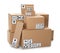 Stacks of cardboard boxes with packaging  symbols on white background. Parcel delivery