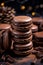 Stacks of chocolate macarons, delicious French dessert