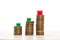 Stacks of coins, green and red home