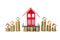 Stacks of coins growth up increase to house model for concept investment mortgage finance and home loan business, isolated on