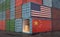 Stacks of Freight containers. USA and China flag.