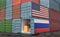 Stacks of Freight containers. USA and Russia flag.