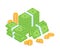 Stacks of money and coins in isometric view. Financial success and savings concept. Wealth accumulation vector