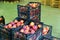 Stacks of plastic boxes with peaches in storage warehouse