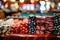 stacks of poker chips on a gaming table in casino, close up shot of piled up gambling chips, casino banner concept with