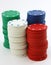 Stacks of poker chips green, red, white, blue