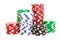 Stacks of poker chips including red, black, white and green