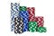Stacks of poker chips including red, black, white, green and blu