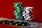 Stacks of poker chips with money on red background, Romanian LEI currency