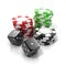 Stacks of red, green, black gambling chips and black dices